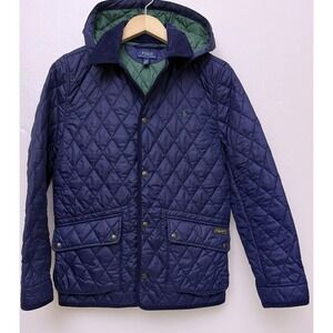 POLO Ralph Lauren Jacket Size 14-16 Youth Large Navy Blue Hooded Diamond Quilted